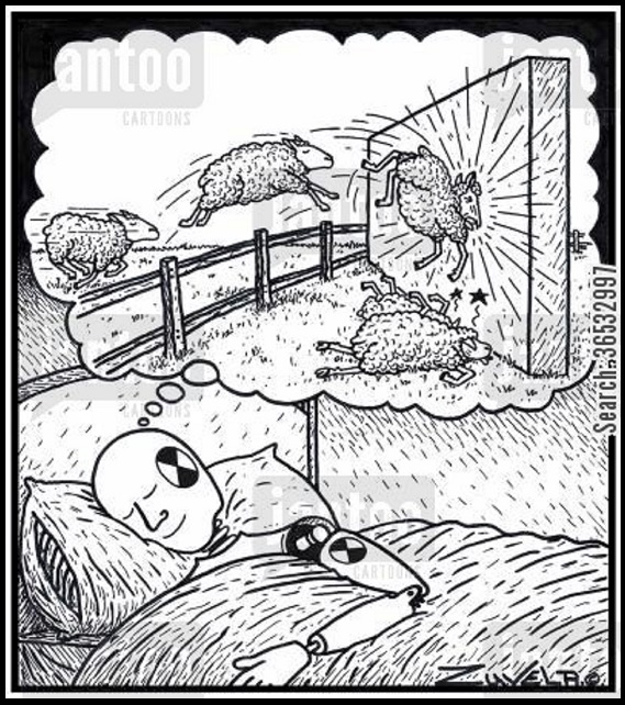 A Crash-test dummy counting sheep jumping over a fence then smashing into a wall.