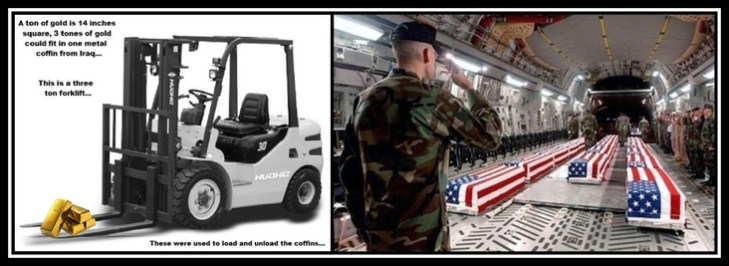 US Flag draped military coffins + gold and fork lift large