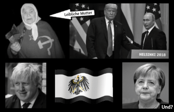 AAA russian-lady-TRUMP BIRTH MOTHER in German-putin-johnson-merkel Prussian flag