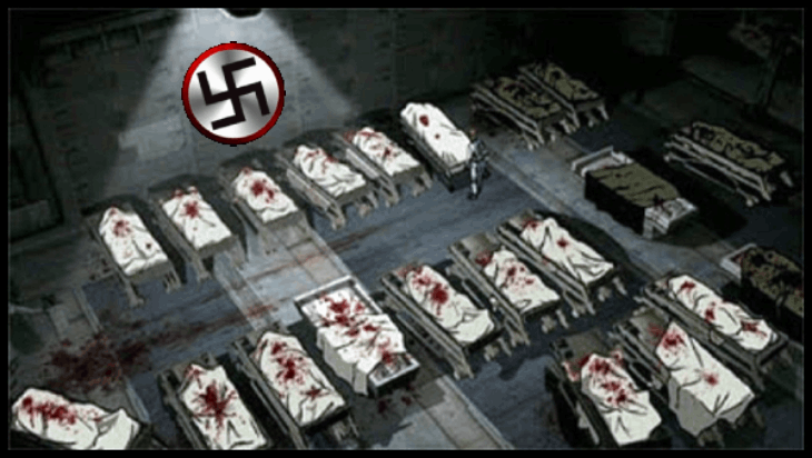 Bloody dead babies in crib border Swastika 730