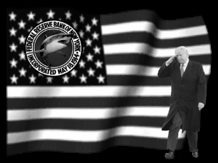 American flag animated Trump salutes US Fed shark 730