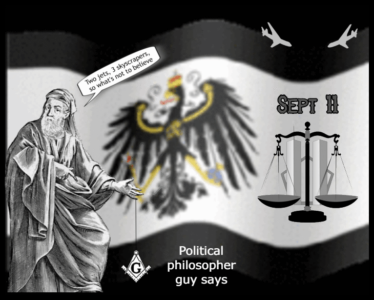 BETTER Political philosopher guy two jets 3 skyscrapers PRUSSIAN FLAG